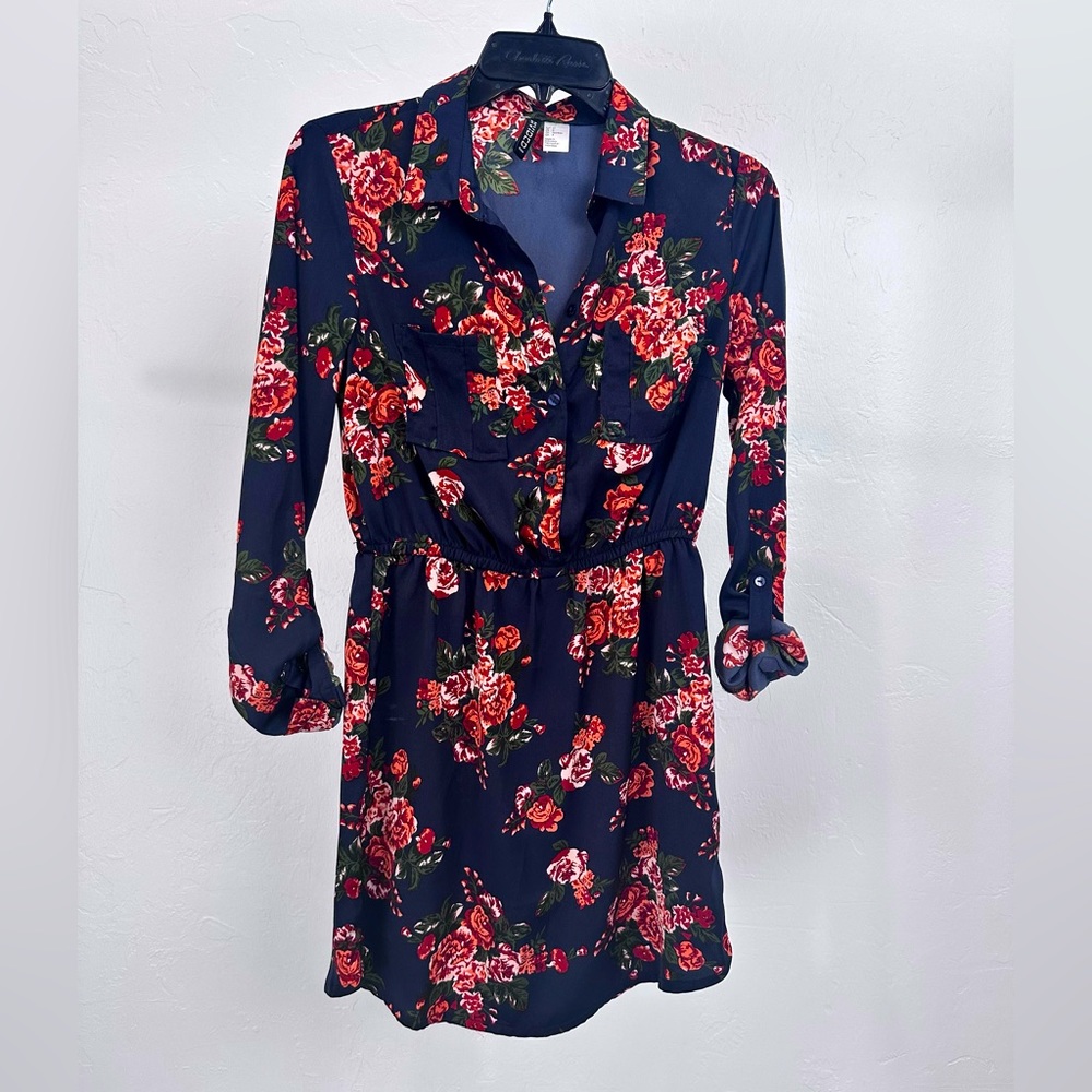 Navy Silky Floral Dress H&M Size 4